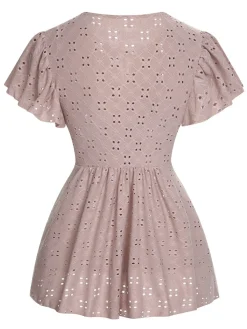 Hot Retro Stage 1940s Tie Front Eyelet Embroidered Blouse