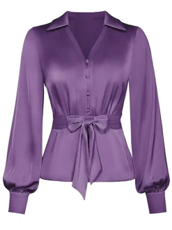 Best Retro Stage 1930s Tie Front Lapel Long Sleeve Blouse