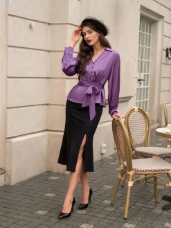 Best Retro Stage 1930s Tie Front Lapel Long Sleeve Blouse