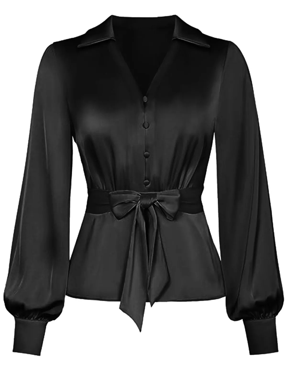 Best Retro Stage 1930s Tie Front Lapel Long Sleeve Blouse