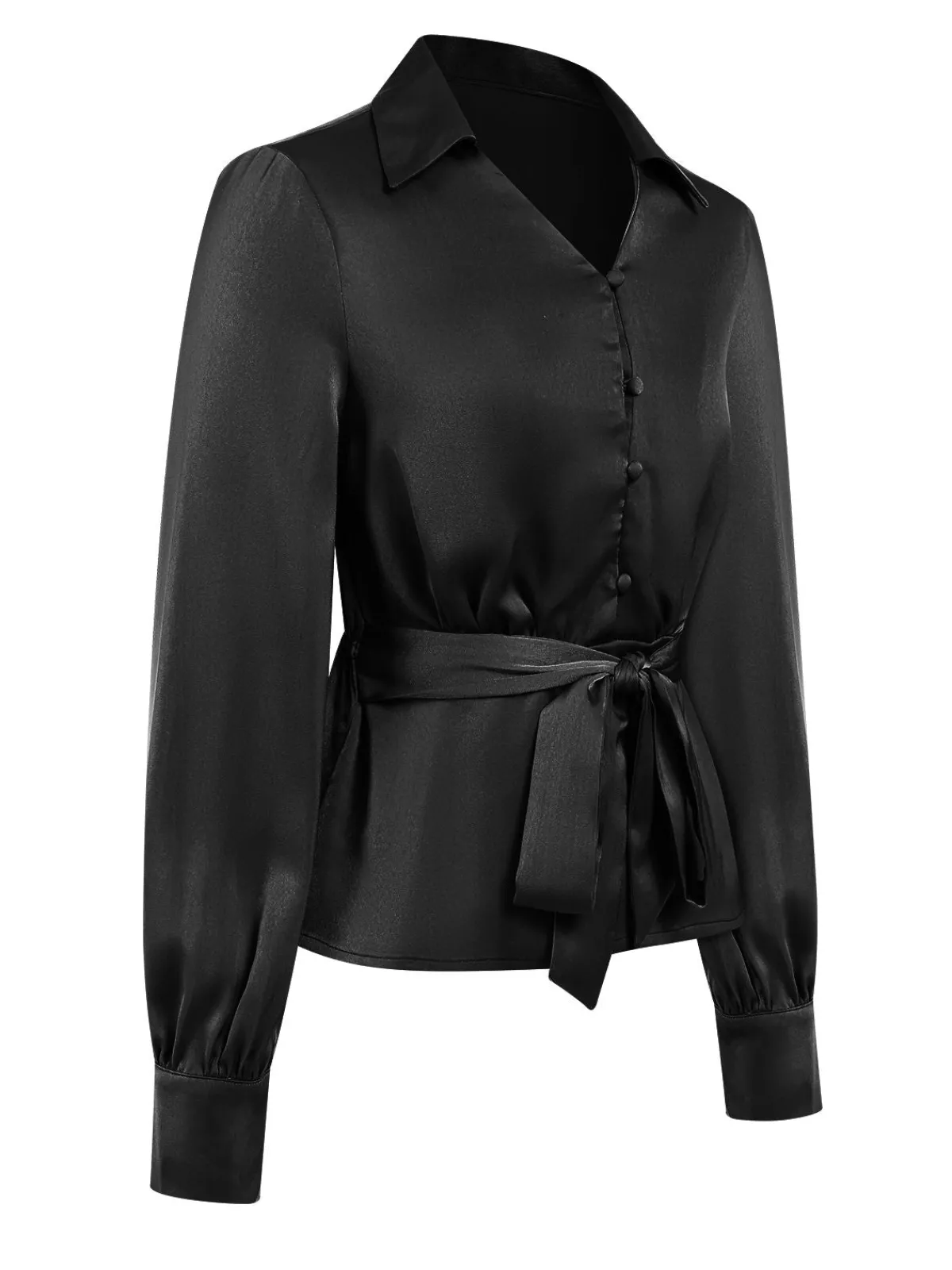 Best Retro Stage 1930s Tie Front Lapel Long Sleeve Blouse