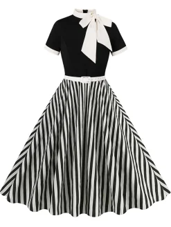 Best Retro Stage 1950s Tie Neck & White Stripes Belted Dress Black