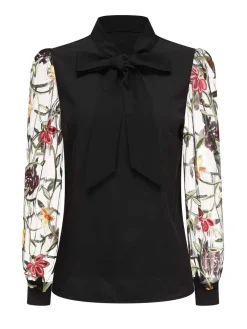 Best Retro Stage 1950s Tie Neck Floral Embroidered Sheer Sleeves Blouse Black