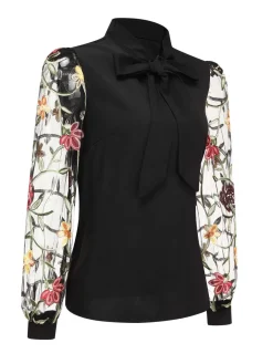 Best Retro Stage 1950s Tie Neck Floral Embroidered Sheer Sleeves Blouse Black