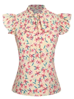 Fashion Retro Stage 1960s Tie Neck Floral Ruffles Top Multicolor