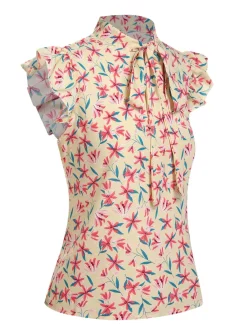 Fashion Retro Stage 1960s Tie Neck Floral Ruffles Top Multicolor