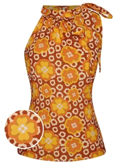 Clearance Retro Stage 1960s Tie Neck Floral Sleeveless Top