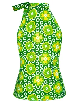 Clearance Retro Stage 1960s Tie Neck Floral Sleeveless Top
