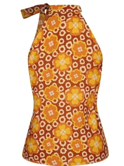Clearance Retro Stage 1960s Tie Neck Floral Sleeveless Top
