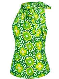 Clearance Retro Stage 1960s Tie Neck Floral Sleeveless Top
