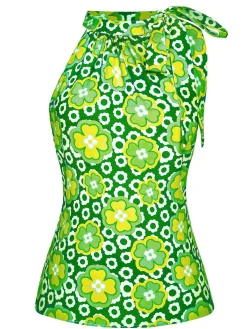 Fashion Retro Stage 1960s Tie Neck Floral Sleeveless Top