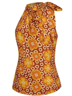 Fashion Retro Stage 1960s Tie Neck Floral Sleeveless Top