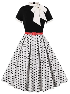 Hot Retro Stage 1950s Tie Neck Polka Dots Belted Dress