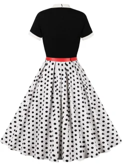 Hot Retro Stage 1950s Tie Neck Polka Dots Belted Dress