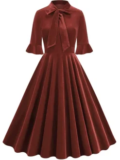 New Retro Stage 1950s Tie Neck Velvet Flared Sleeve Dress