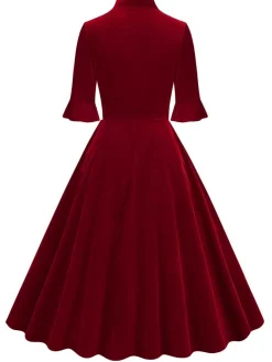 New Retro Stage 1950s Tie Neck Velvet Flared Sleeve Dress
