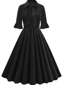 New Retro Stage 1950s Tie Neck Velvet Flared Sleeve Dress