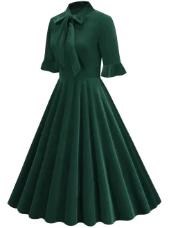 New Retro Stage 1950s Tie Neck Velvet Flared Sleeve Dress