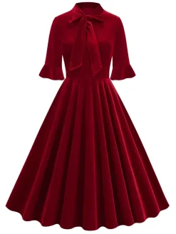 New Retro Stage 1950s Tie Neck Velvet Flared Sleeve Dress