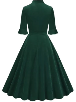 New Retro Stage 1950s Tie Neck Velvet Flared Sleeve Dress