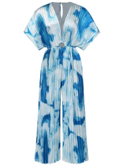 Online Retro Stage 1930s Tie-Dye V-Neck Pleated Ring Jumpsuit