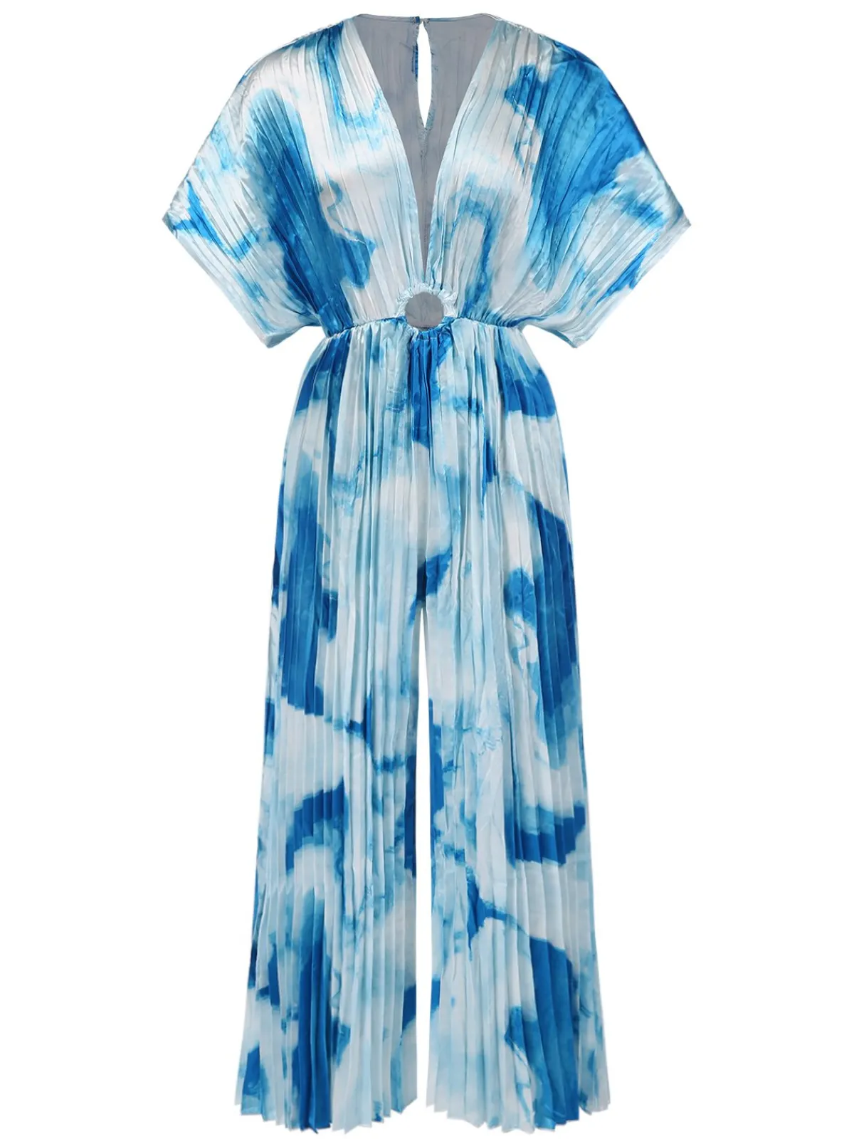 Online Retro Stage 1930s Tie-Dye V-Neck Pleated Ring Jumpsuit