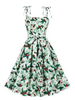 Outlet Retro Stage 1950s Tie-up Bow Suspender Christmas Dress Green
