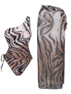 Discount Retro Stage 1950s Tiger One-Shoulder Swimsuit & Cover-Up Brown