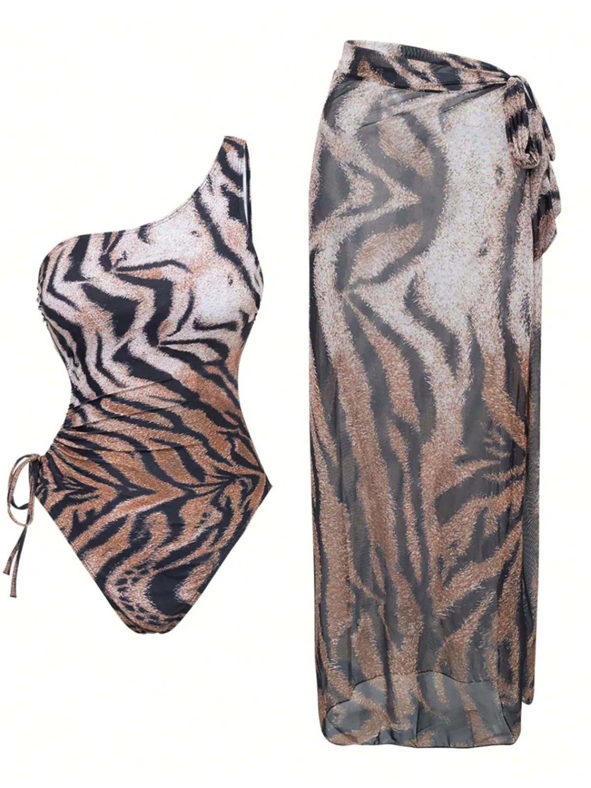 Discount Retro Stage 1950s Tiger One-Shoulder Swimsuit & Cover-Up Brown
