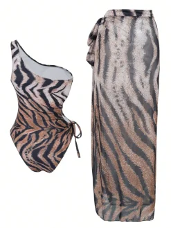 Discount Retro Stage 1950s Tiger One-Shoulder Swimsuit & Cover-Up Brown
