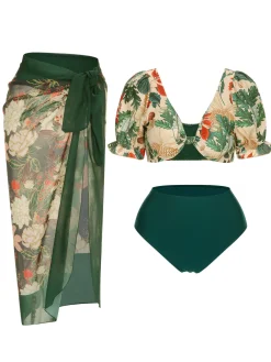 Sale Retro Stage 1950s Tropical Plant Patchwork Bikini Set & Cover-Up Multicolor