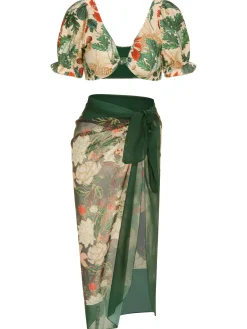 Sale Retro Stage 1950s Tropical Plant Patchwork Bikini Set & Cover-Up Multicolor