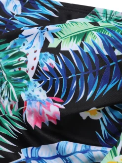 Clearance Retro Stage 1930s Tropical Plants Lace-Up Halter Swimsuit Blue
