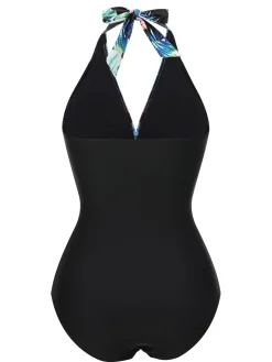 Clearance Retro Stage 1930s Tropical Plants Lace-Up Halter Swimsuit Blue