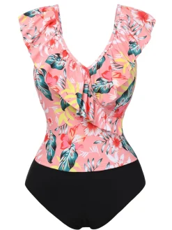 Outlet Retro Stage 1930s Tropical Plants Ruffled V-Neck Tankini Set Pink