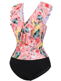 Outlet Retro Stage 1930s Tropical Plants Ruffled V-Neck Tankini Set Pink