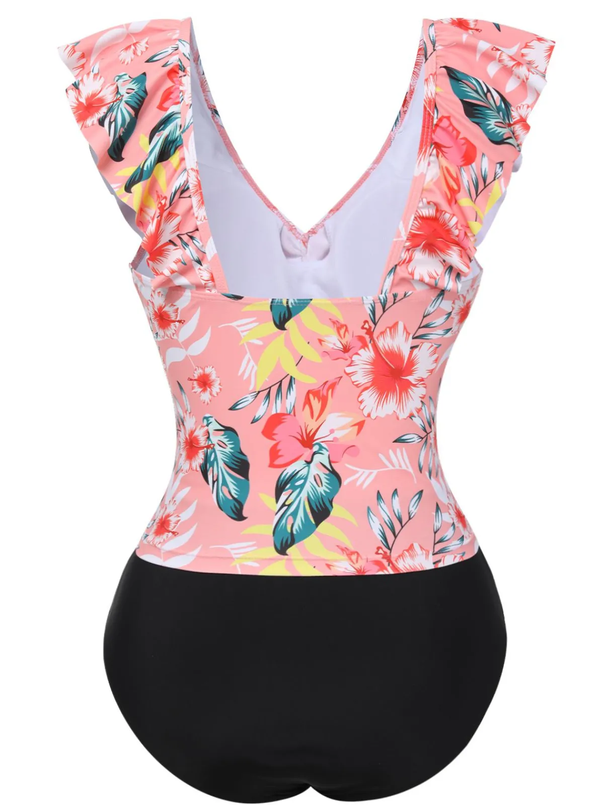 Outlet Retro Stage 1930s Tropical Plants Ruffled V-Neck Tankini Set Pink
