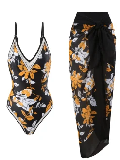 Sale Retro Stage 1950s Tropical Print One-Piece Swimsuit & Cover-Up