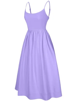 Best Retro Stage 1940s U-Neck Spaghetti Strap Pleated Dress
