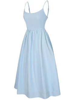 Best Retro Stage 1940s U-Neck Spaghetti Strap Pleated Dress