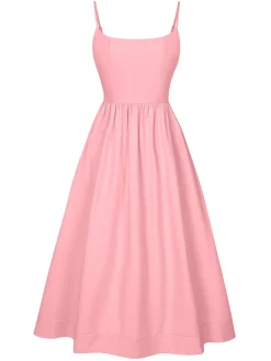 Best Retro Stage 1940s U-Neck Spaghetti Strap Pleated Dress