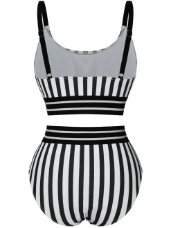 Discount Retro Stage 1950s U-Neck Vertical Stripes Straps Swimsuit