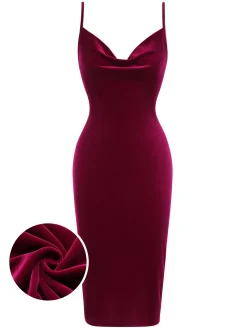 Online Retro Stage 1960s Velvet Spaghetti Strap Solid Dress Red