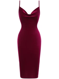 Online Retro Stage 1960s Velvet Spaghetti Strap Solid Dress Red