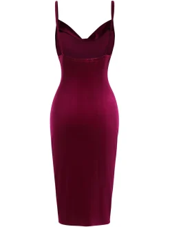 Online Retro Stage 1960s Velvet Spaghetti Strap Solid Dress Red