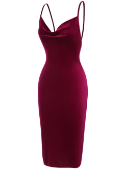 Online Retro Stage 1960s Velvet Spaghetti Strap Solid Dress Red