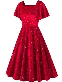 Best Retro Stage 1950s Velvet Sparkling Solid A-Line Dress