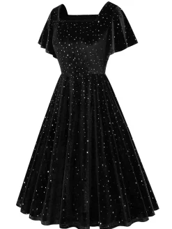 Best Retro Stage 1950s Velvet Sparkling Solid A-Line Dress