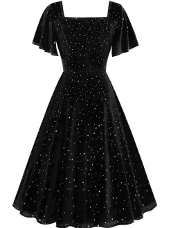 Best Retro Stage 1950s Velvet Sparkling Solid A-Line Dress