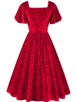 Best Retro Stage 1950s Velvet Sparkling Solid A-Line Dress